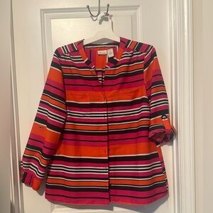 Kim Roger Petite Blouse with Adjustable Sleeves Red Orange Black Stripe Size PXL